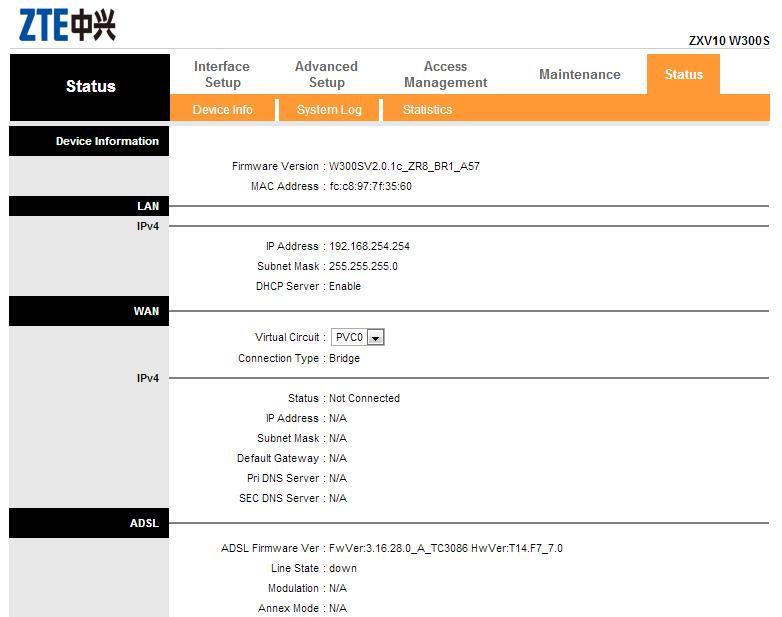 Interface web do Modem ADSL Clique em