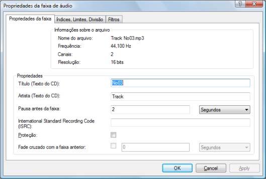 CDs de áudio e arquivos de áudio xa de Áudio. Para abrir a janela, selecione um arquivo áudio na tela de compilação Meu CD de áudio para CDs de áudio e clique no botão Propriedades. 6.1.