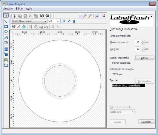 Labelflash Janela Gravar etiqueta As seguintes opções de configuração estão disponíveis na janela Gravar etiqueta: Caixa de texto Raio interno Caixa de texto Largura Botão Editar Botão Previsualizar