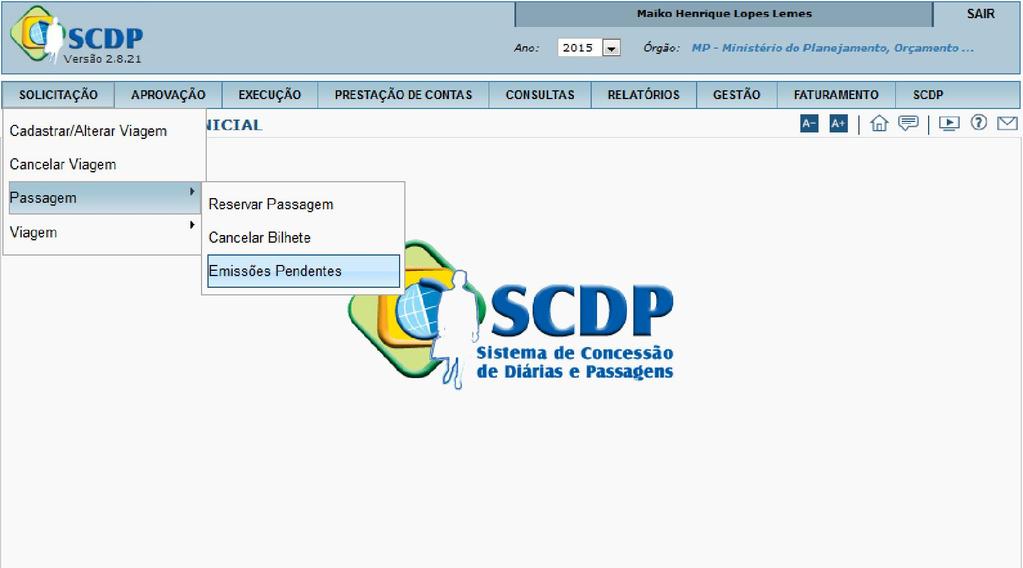 3. Emissões Pendentes O SCDP possui a funcionalidade Solicitação > Passagem > Emissões Pendentes, figura 26, que mostra o motivo da não emissão do bilhete na compra direta, permitindo ao Solicitante