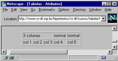 Vejamos um exemplo <table border> <td colspan=3>3colunas</td><td>normal</td><td>normal</td> <td>col 1</td><td>col 2</td><td>col3</td><td>col 4</td><td>col 5</td> Que fica assim: <ROWSPAN> Este