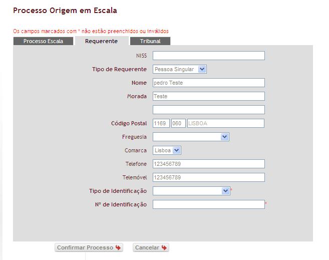 Fig.25 - Indicação de os campos marcados com * são inválidos ou não estão preenchidos 5. Após a confirmação do processo aparece uma indicação com o número de Processo AJ criado. 4.1.