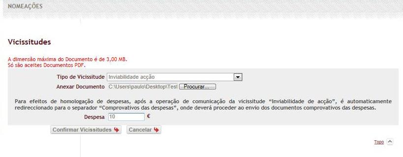 Fig.125 - Janela de vicissitudes 3. Clicar em Anexar o Documento, para procurar o documento que pretende colocar como anexo.