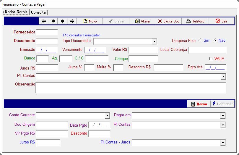 Sub-módulo Dados Gerais. 1-Clicar no botão Novo para adicionar um documento à pagar. 2-Para gravar os dados, clique no botão Gravar. 2-Para apagar um titulo, clique no botão Excluir Doc.