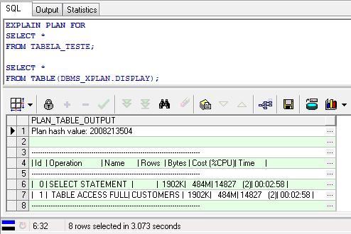 query, os dados descrevendo o plano escolhido na tabela PLAN_TABLE, sendo necessária a execução de uma query para buscar esses dados inseridos na tabela.