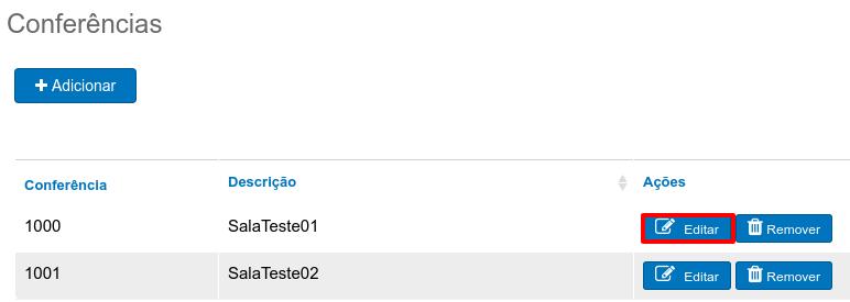 6.17.2 Remover Sala de Conferência Para remover uma Sala de Conferência clique no botão Remover da sala desejado.