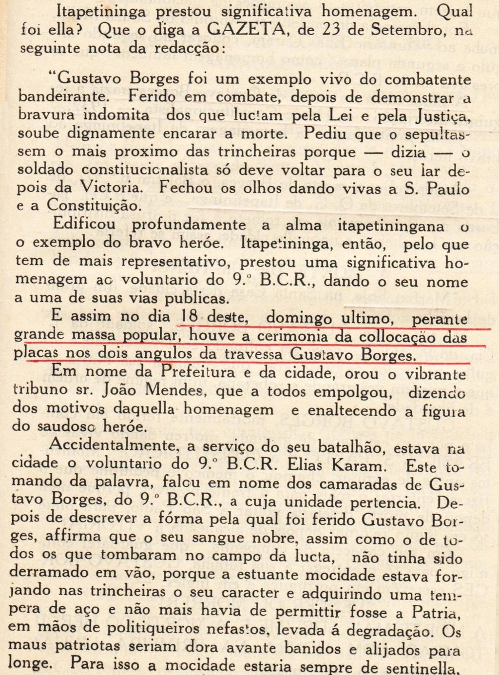 4) Excerto nº 4 correspondente à pagina de nº 227 de Karam (1933) relativo a homenagem prestada a Gustavo Borges