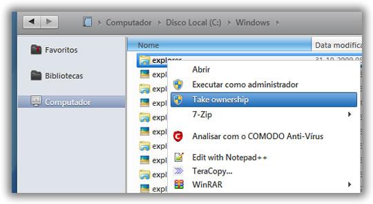 Descarregar este ficheiro Extrair o ficheiro.zip; Abrir o ficheiro Add Take Ownership Option ; Aceitar; Aceder ao explorer.exe através do Explorador do Windows (C:\Windows\explorer.