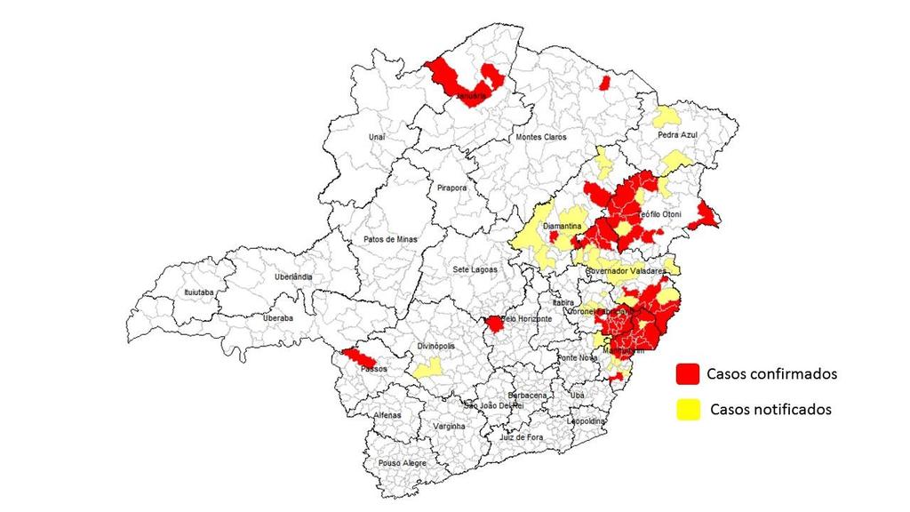 Figura 1 Distribuição dos casos confirmados, notificados e óbitos por febre amarela, segundo local provável de infecção, Minas Gerais, 2017.
