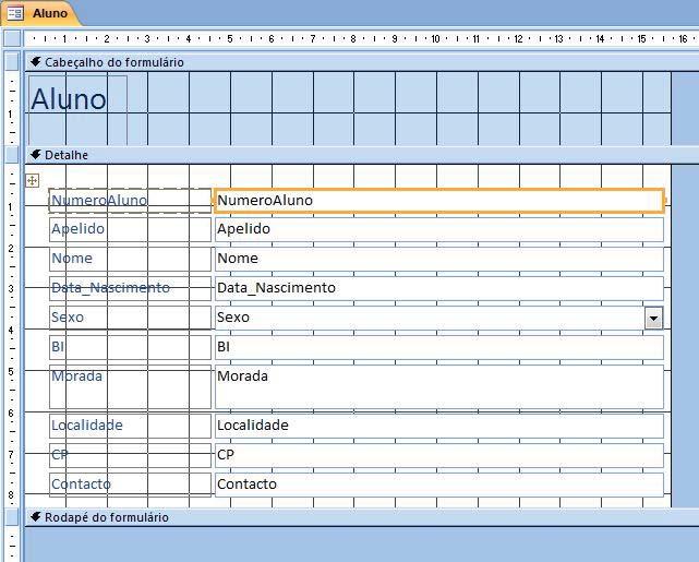 formulário para o modo estrutura seleccionamos o comando Vista de Estrutura. E o nosso formulário assume o aspecto que se pode ver na Figura 29.