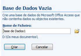 Criar Base de Dados Suponhamos, então, que pretende criar uma nova base de dados e que, para tal, será seleccionada a respectiva opção da caixa de