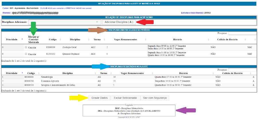 cabeçalho com as informações do aluno, as tabelas das disciplinas matriculadas e requeridas no ajuste e a lista das disciplinas adicionais disponíveis para solicitação.