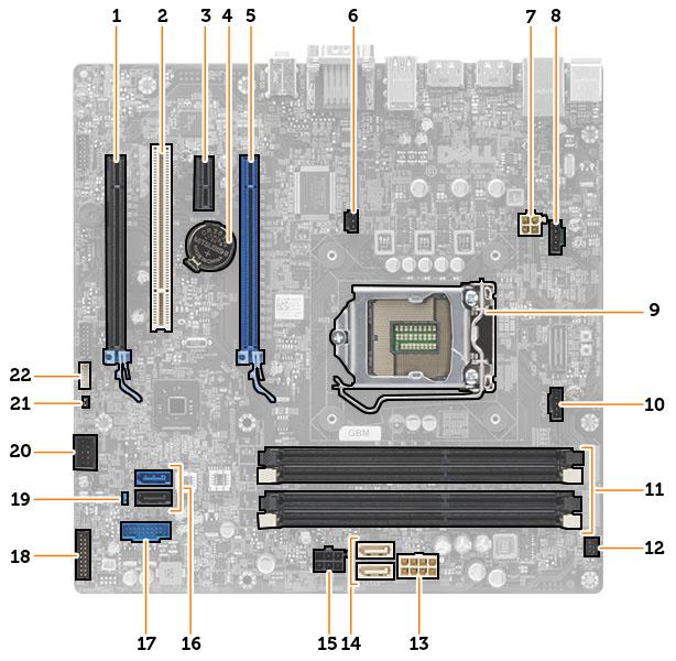 Componentes da placa de sistema Figura 1. Componentes da placa de sistema 1. PCI Express x16 (com fiação para x4) 2. Slot PCI 3. slot PCIe x1 4. bateria de célula tipo moeda 5. slot PCI Express x16 6.