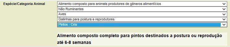 No final do preenchimento dos 5 níveis da espécie/categoria, o sistema indica um resumo das opções selecionadas nesses mesmos níveis.