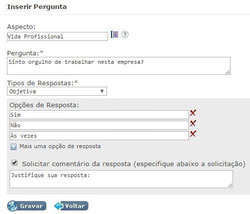 Ao inserir a pergunta, você pode preencher o campo Aspecto que é utilizado como assunto do qual será tratada a pergunta.