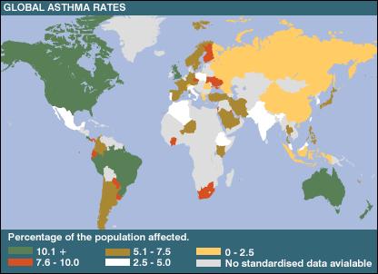 Figura 3 Prevalência da asma a nível mundial (Riedler J, et al, 2005) É a doença crónica mais comum nas crianças em quase todos os países industrializados e a sua prevalência tem vindo a aumentar ao