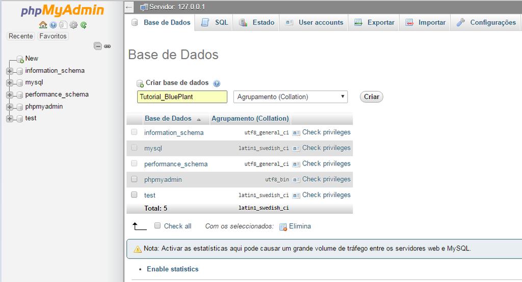 Após aberto o PHPMyAdmin, clicar na aba Base de Dados, como apresentado na Figura 4-4.