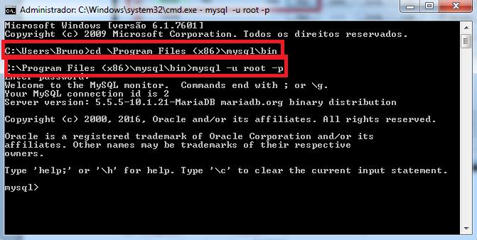 ENTER) >> mysql -u root p (pressione ENTER) Ele vai pedir uma senha,