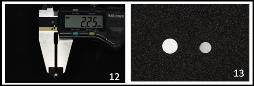 63 Figura 12 Diâmetro do disco de cerâmica após a sinterização de 2,25 mm. / Figura 13 Disco de cerâmica previamente à sinterização e posterior à sinterização mostrando a contração de 30%. 4.