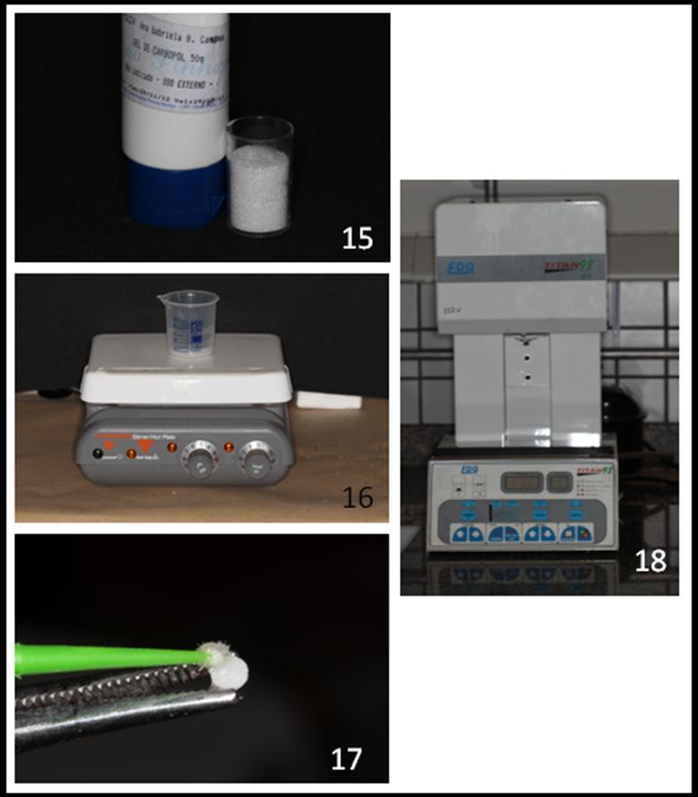 Figura 15 Gel e pérolas de vidro utilizados para confecção do gel experimental. / Figura 16 Gel e pérolas de vidro em vibrador magnético.