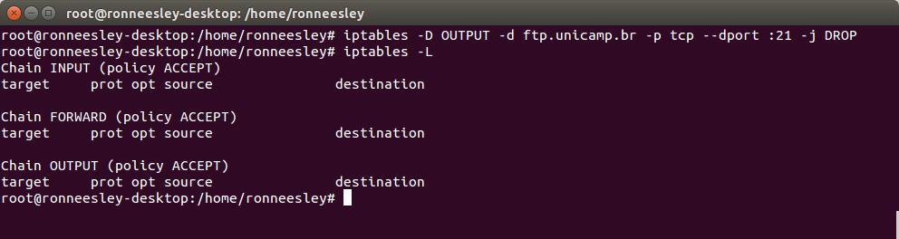 bloqueada. 4 Remova a regra usando o comando: iptables -D OUTPUT -d ftp.unicamp.