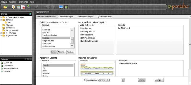 A Figura 47 apresenta a interface do Metadata Editor, nessa figura aparece o metamodelo Fato Parcela. Figura 47: Metadata Editor com o metamodelo da Fato Parcela.