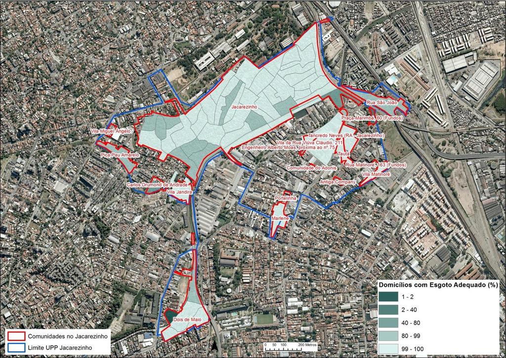 Mapa 3 Percentual de Domicílios Particulares Permanentes com Acesso a Esgotamento Adequado segundo os Setores Censitários das Comunidades na UPP Jacarezinho 2010