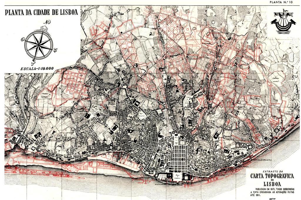 Planta da cidade de Lisboa em 1871, com sobreposição das alterações