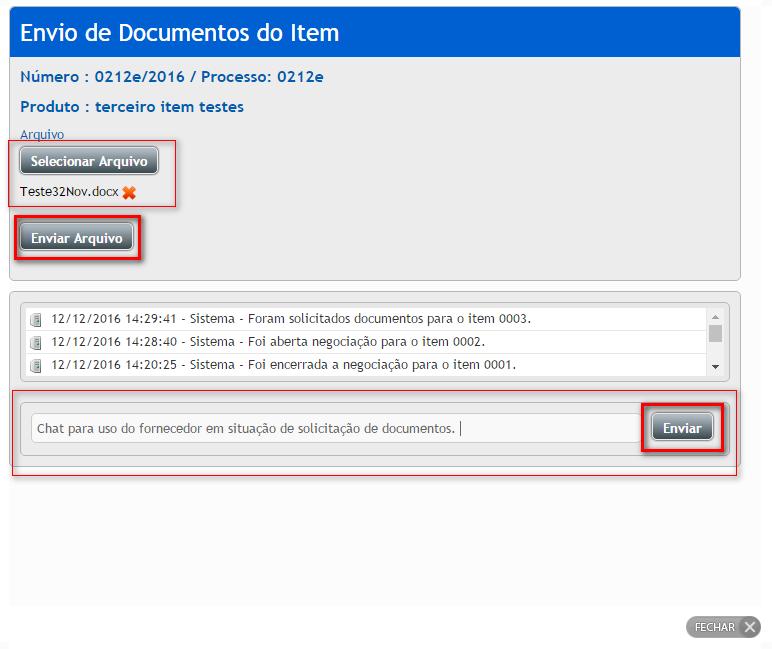 3.12 Envio de Intenção de Recurso Na página da sessão pública, Após serem declarados no chat os vencedores dos itens (ou dos lotes, se for o caso), já é possível que o fornecedor envie sua intenção