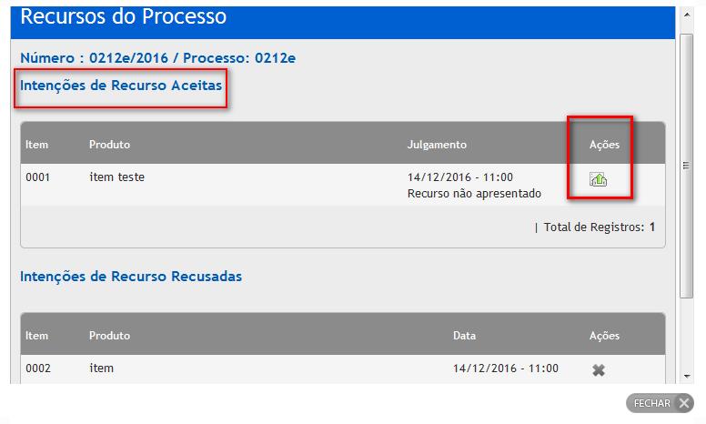 Na página de Recursos do Processo, aparecerão os itens que o fornecedor fez envio de intenção de recurso; Na