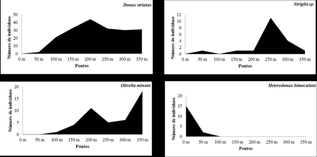 pontos 200 m a 350 m. Foram caracterizadas quanto à distribuição aquelas espécies que obtiveram abundância superior a 5% do total de indivíduos coletados.