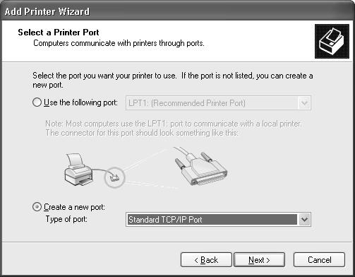 4. Seleccione Criar uma nova porta e, em seguida, seleccione Standard TCP/IP Port na lista.