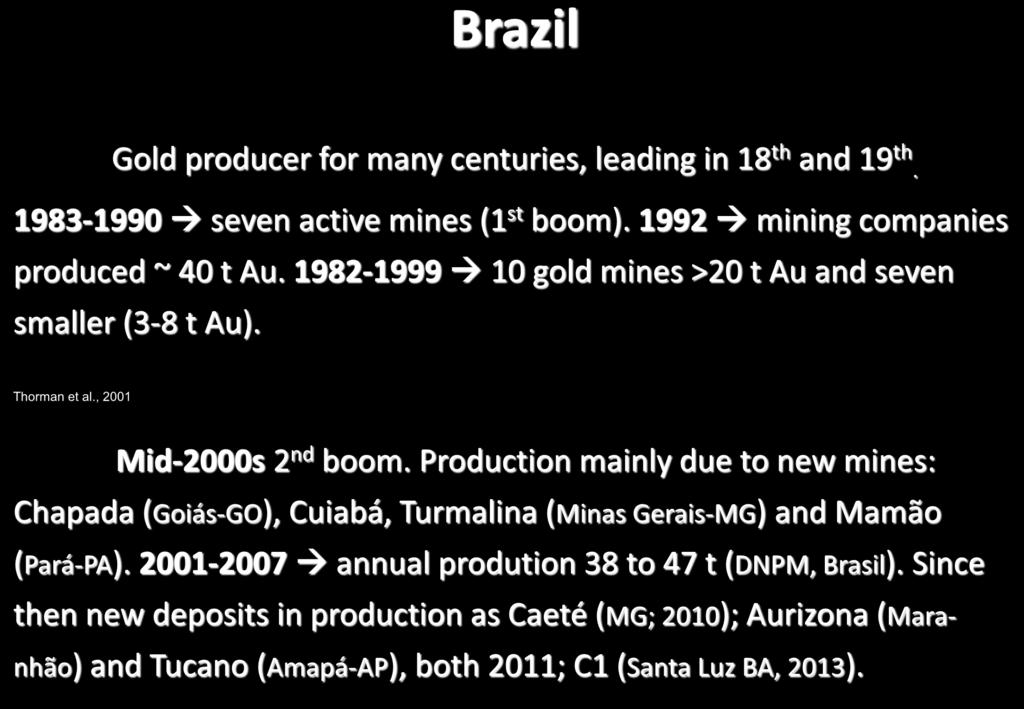 Brazil Gold producer for many centuries, leading in 18 th and 19 th. 1983-1990 seven active mines (1 st boom). 1992 mining companies produced ~ 40 t Au.