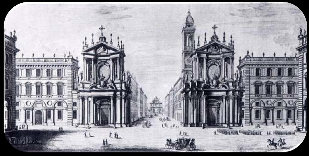 Gravura da praça San Carlo a Torino, projetada por Carlo de Castellamonte, toda com arquitetura uniforme e as duas igrejas