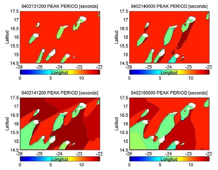 A evolução dos períodos de pico para os dias 7, 8 e 9 de Fevereiro de 1994 mostra diferentes distribuições espaciais desta variável dependendo da direcção média de propagação das ondas. (Figura 10).