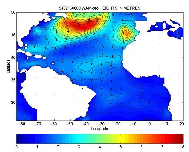 5 e 3 m, na região de Cabo Verde na Figura 4. Ao Norte do domínio podem-se observar dois máximos absolutos de alturas significativas de 6 ou 7 m.