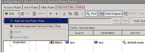 configuração sob a aba das regras da política de serviços.