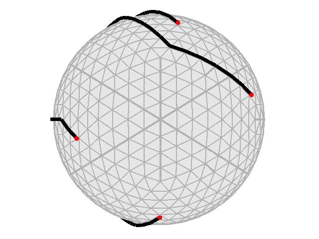 A frente e o verso do modelo do elipsóide com o grafo de corte formado por 87 arestas conectando