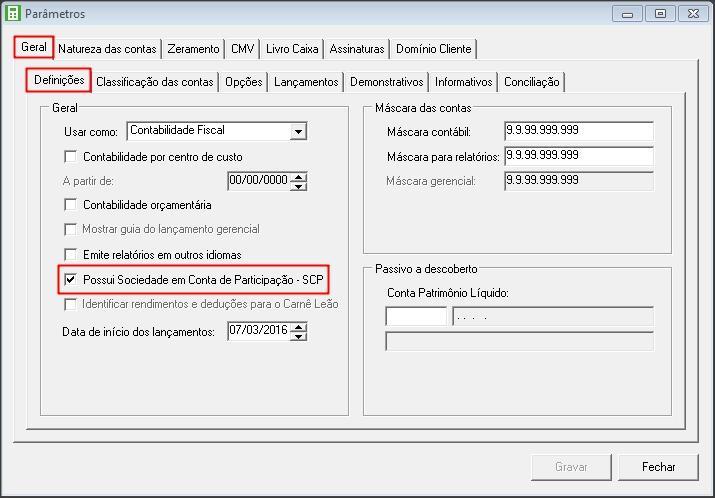 Título: Como realizar a contabilização em SCP - Sociedades em Conta de Participação? 1 PARÂMETROS EMPRESA 1.1 Acesse o menu CONTROLE, clique em PARÂMETROS; 1.