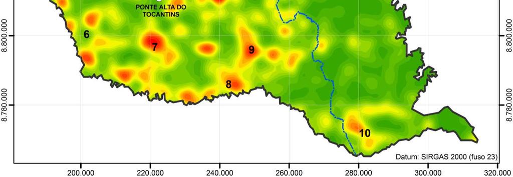 Figura 10 Áreas de risco de incêndios florestais e queimadas no município de Ponte Alta do Tocantins (TO) em que a linha azul representa o limite das UC.