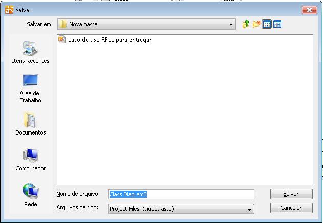 Figura 5 - Tela salvar 1 Use Case Diagram Diagrama de Caso de Uso descrever os detalhes de cada caso de uso, em nível adequado e suficiente de abstração. 1. Entrada dos casos de uso Para criar um o diagrama de caso de uso no Astah siga as seguintes intruções: 1.