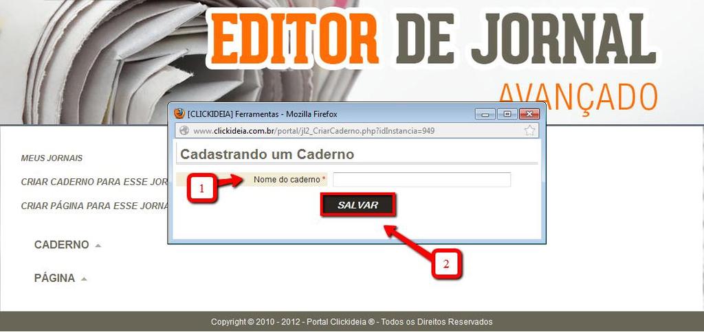 11 Tutorial: Ferramentas do Clickideia Editor de Jornal - Avançado CRIAR CADERNO - Clique em Criar