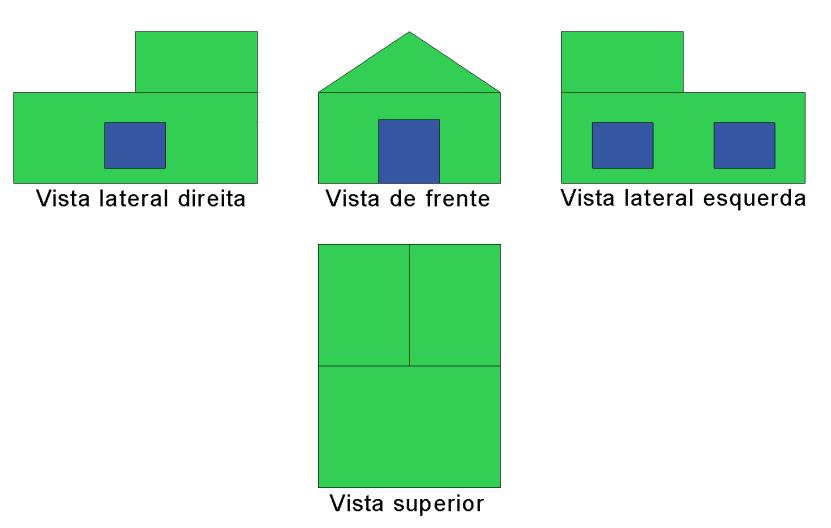 Note-se que, na vista de frente, as faces inclinadas mostram-se reduzidas em relação ao seu tamanho real. A verdadeira grandeza da face é mostrada da figura à esquerda.