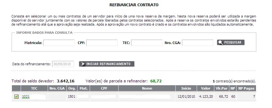 1.8 Para refinanciamento, clicar em contratos, refinanciar contrato: 1.