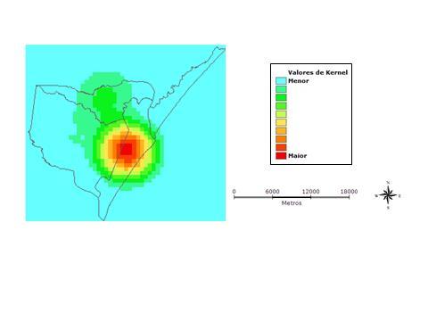 51 Através da análise de Kernel, foi possível observar que o maior aglomerado espacial encontra-se na cidade de Aracaju (Figura 5). migratórios, entre outros. (Rodrigues- Júnior et al, 2008). Dos 3.