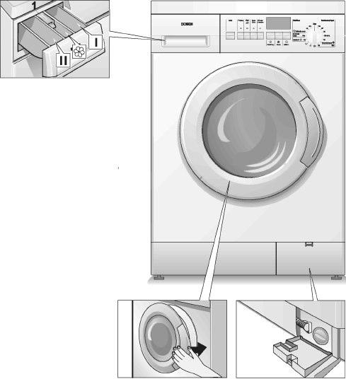 A sua nova máquina de lavar/secar roupa Colocar sabão em pó e produtos para cuidar da roupa Câmara de dosagem I: sabão
