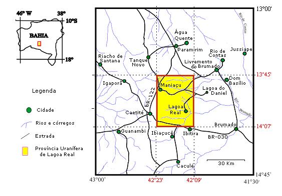 30 CAPÍTULO 2. GEOLOGIA 2.1. LOCALIZAÇÃO E ACESSO À ÁREA A PULR está localizada na região centro-sul do estado da Bahia, nos municípios de Caetité e Lagoa Real.