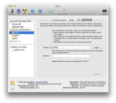 particionado. Só nos resta aplicar a imagem no dispositivo. Basta ir à aba "Restaurar" e em "Origem" colocase a imagem (InstallESD.dmg) e em "Destino" o nosso dispositivo de armazenamento.