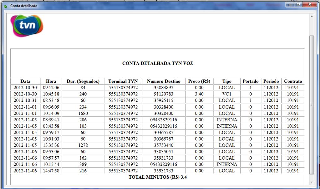 Conta Detalhada Essa opção permite a impressão da