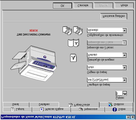 A janela Impressoras aparece. Clique com o botão direito do mouse em Xerox WorkCentre 415/Pro 420 XL e selecione Propriedades no menu pop-up. A caixa de diálogo do driver de impressora aparece.